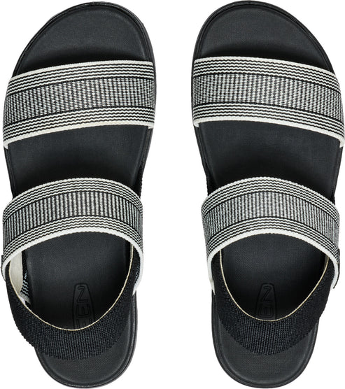 A pair of sandals with two horizontal striped bands and black soles.