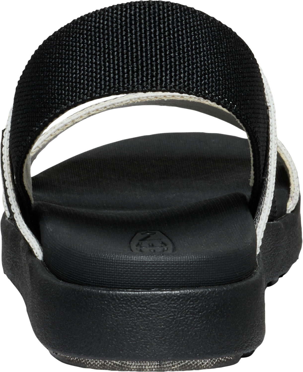 Back view of a black sandal with white accents and a wide black fabric strap.