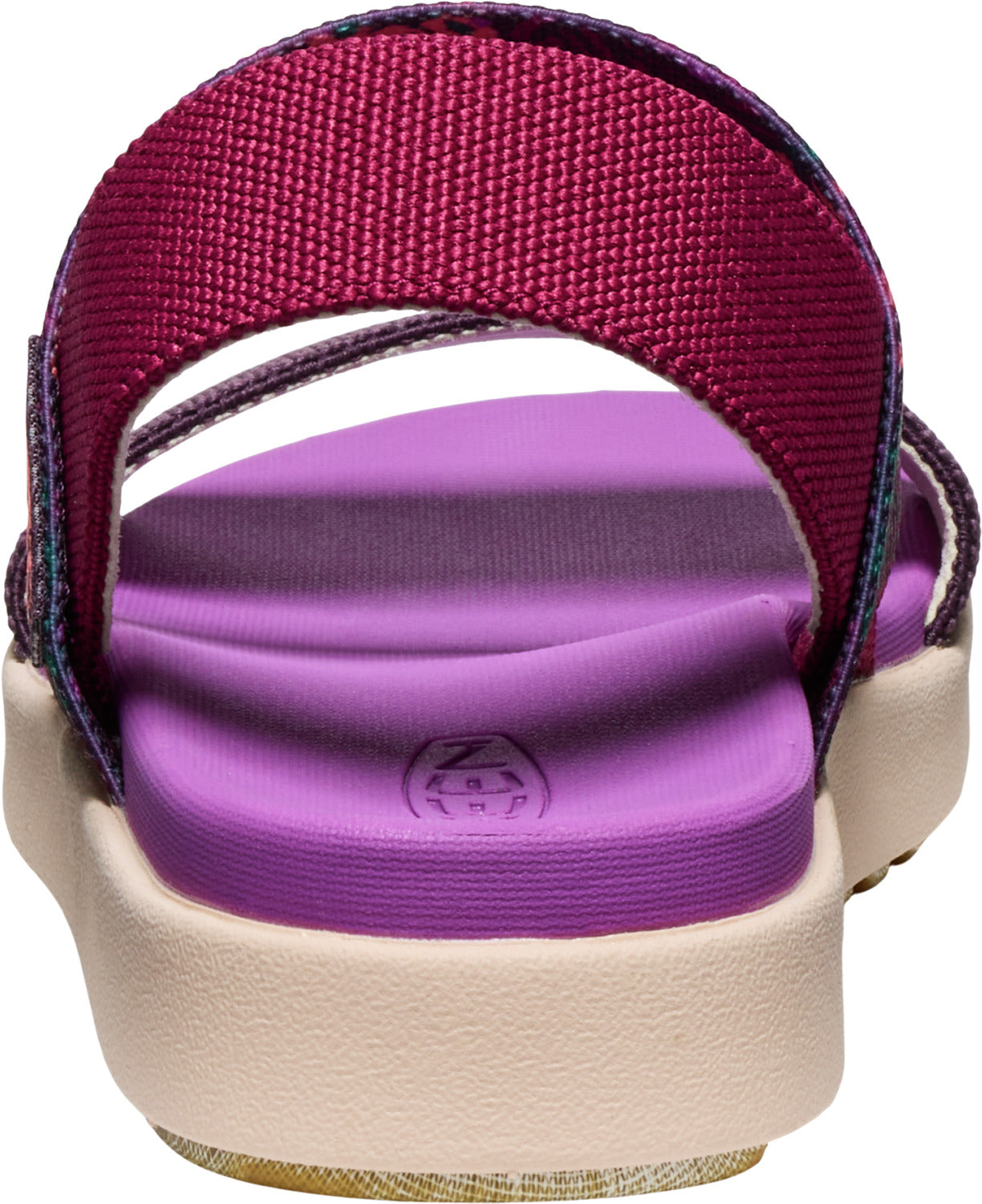 Rear view of a platform sandal featuring a maroon strap and light purple footbed.
