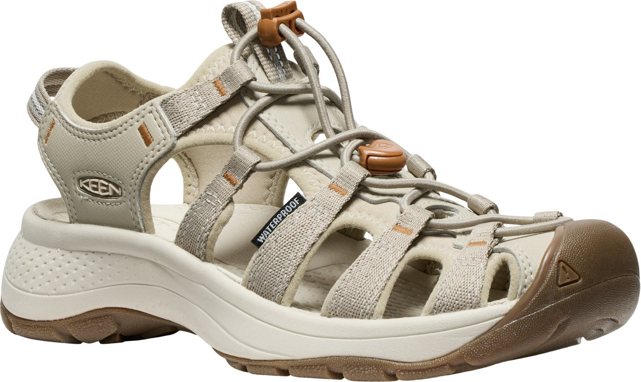 Sand-colored sandal with tan accents, adjustable cording, and a brown toe cap.