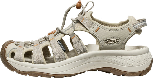 Tan sandal with toe protection and adjustable bungee lace.