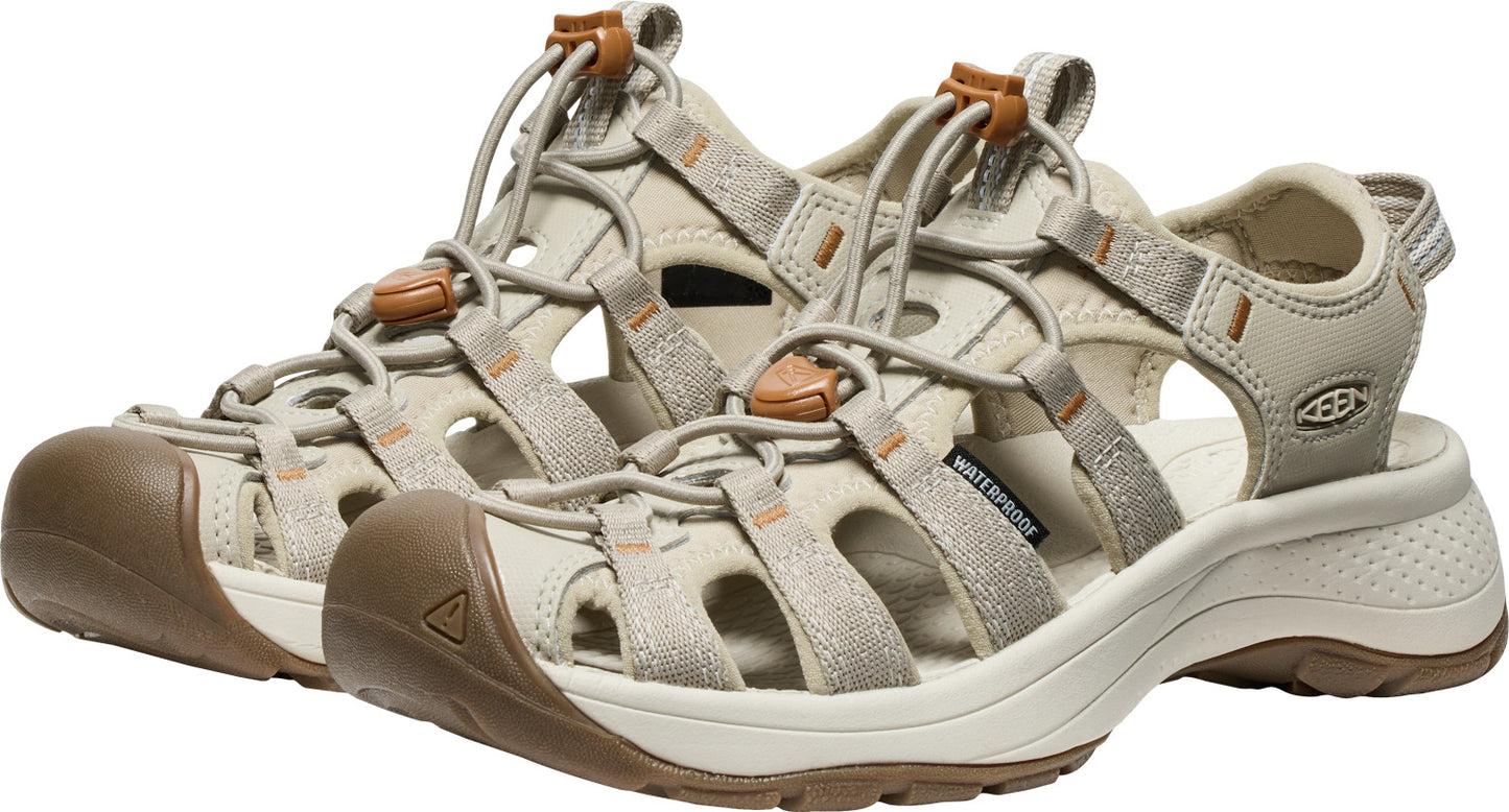 Pair of beige waterproof sandals with brown toe caps and adjustable straps.