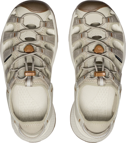 Two beige sandals with bungee cord laces and toe caps, seen from above.