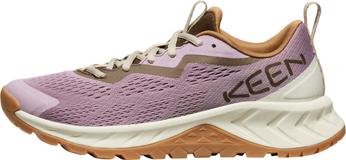 A lavender sneaker with brown accents and the word KEEN.