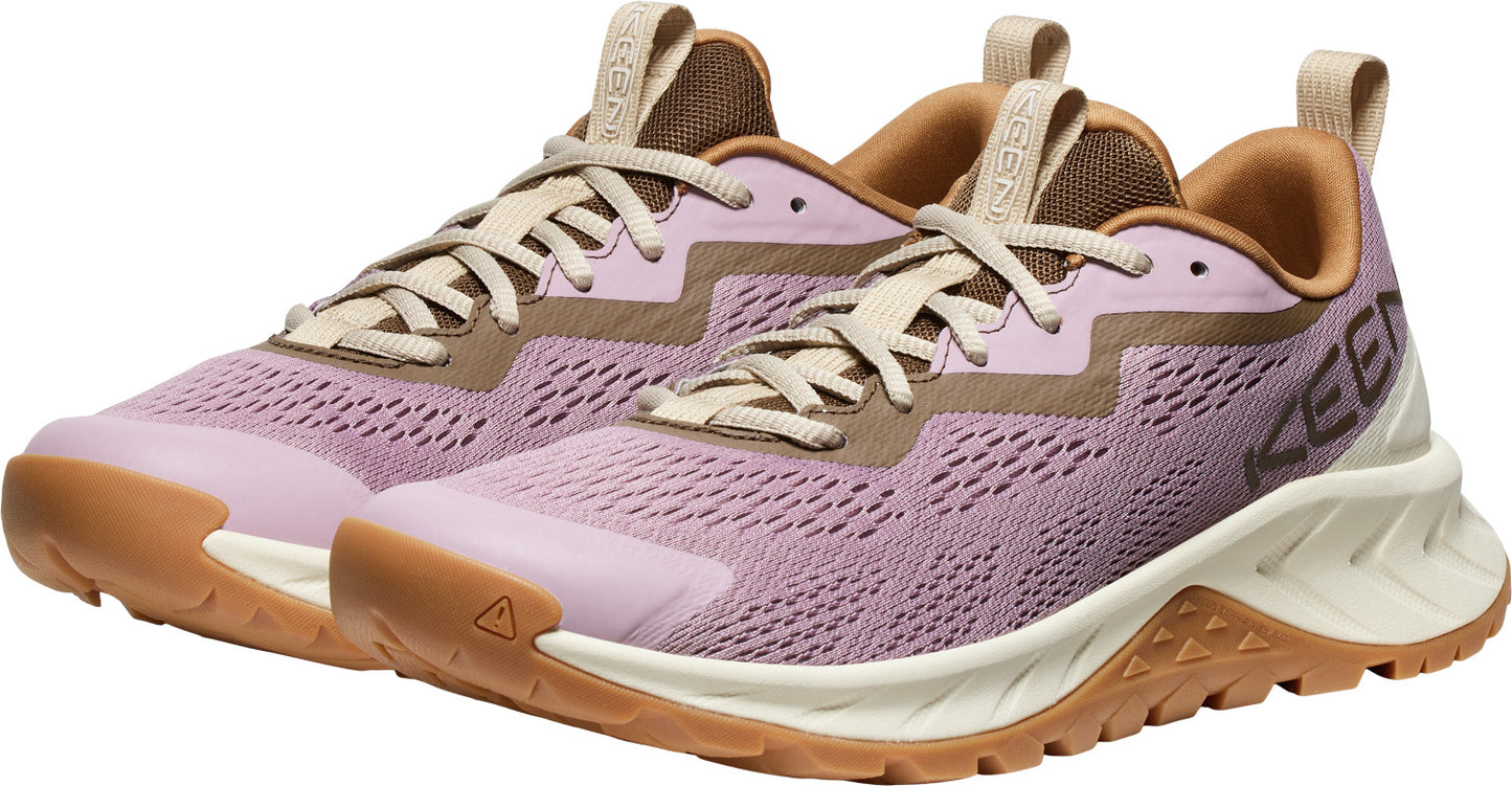 Lavender-colored trail running shoes with brown trim and tan laces.