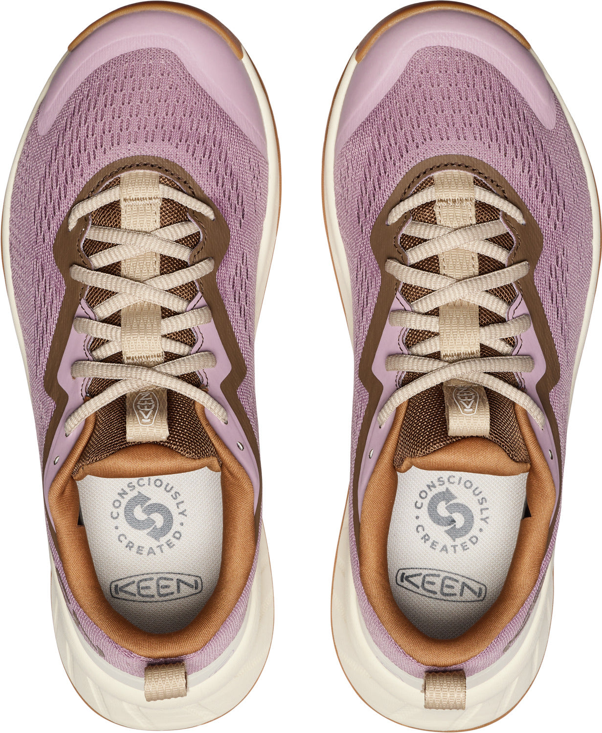 Overhead view of two lavender-colored sneakers featuring a mesh upper, off-white laces, and brown accents.