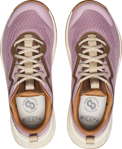 Overhead view of two lavender-colored sneakers featuring a mesh upper, off-white laces, and brown accents.