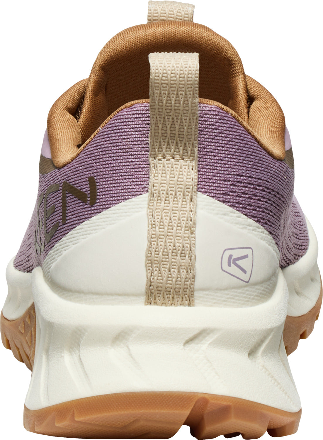 The back of a purple, white, and brown athletic shoe with a tan pull tab.