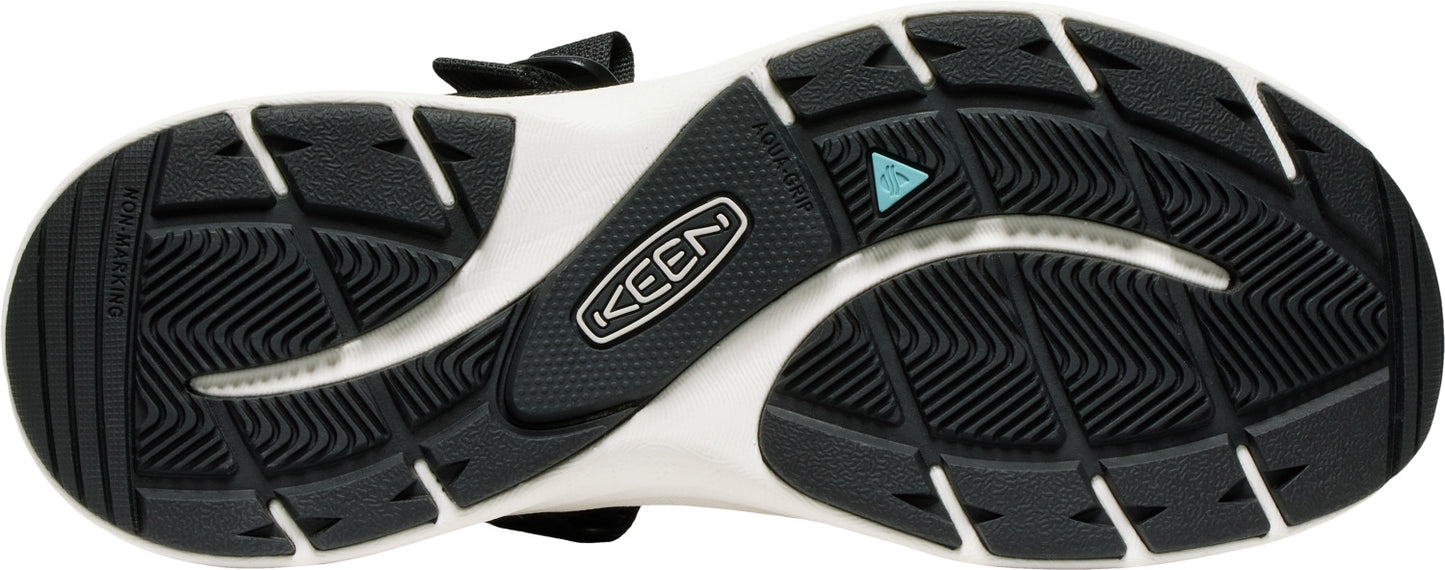 Bottom view of a shoe featuring a black and white sole with the 'KEEN' logo and a turquoise triangle detail.