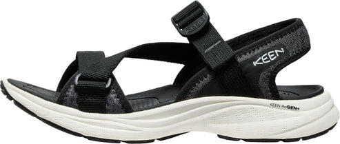A black sandal with thick straps, a white midsole, and the brand name KEEN.