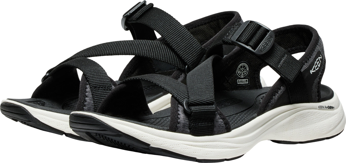 A pair of black sports sandals with adjustable straps and a white sole.