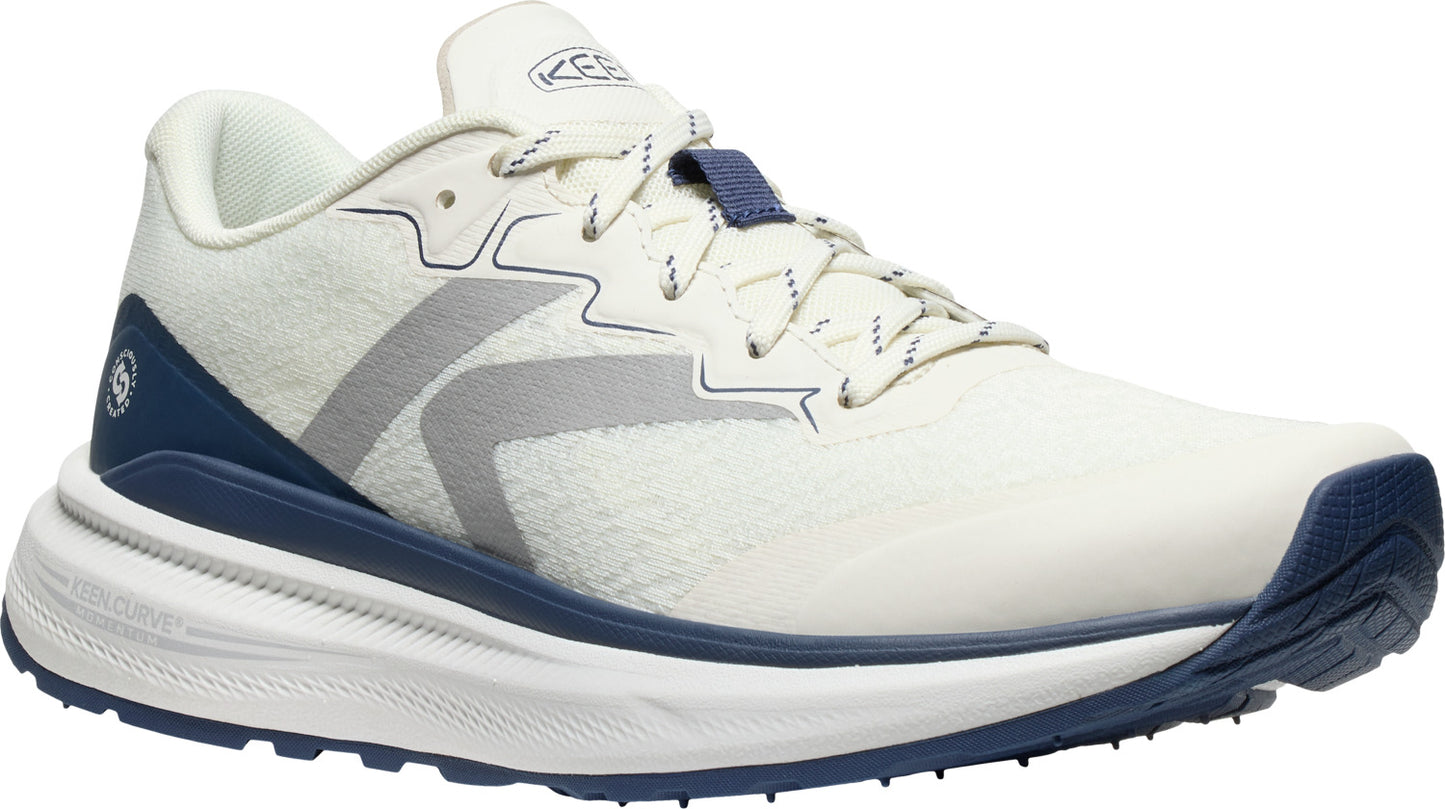 Off-white running shoe with a navy blue sole and gray stripes.