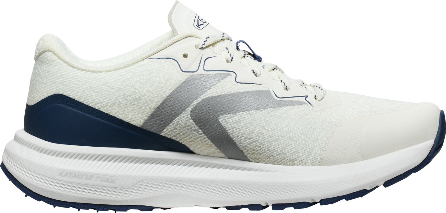 Running shoe with white upper and navy accents.