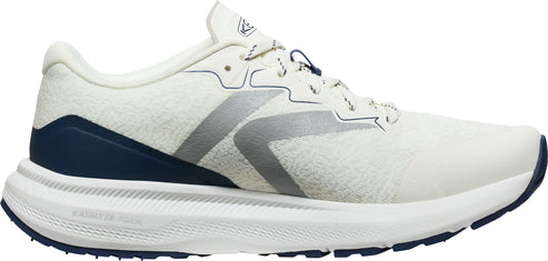 Running shoe with white upper and navy accents.