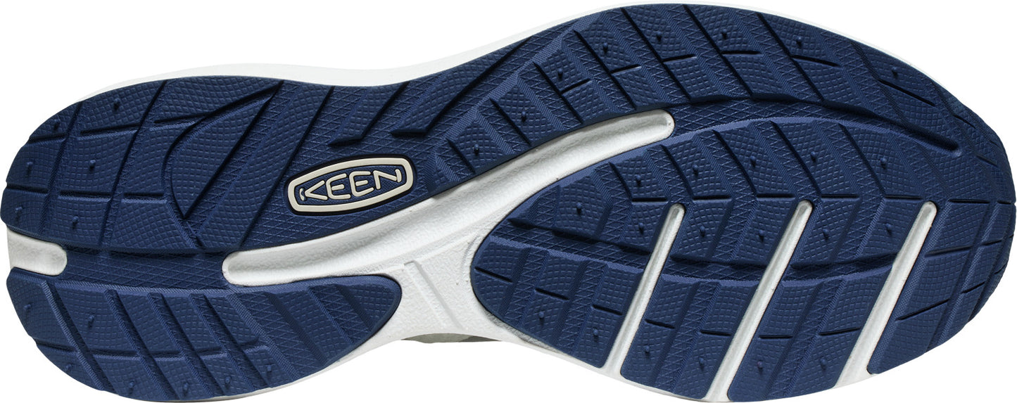 A navy blue shoe sole with white accents, featuring a textured tread and the KEEN logo.
