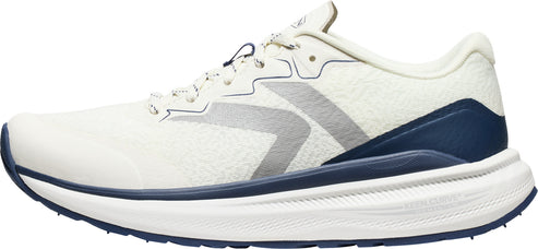 A running shoe featuring a white upper with navy accents and a white sole.