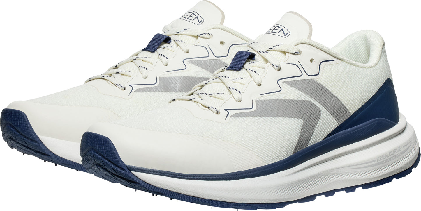 A low profile white running shoe with blue accents and white laces.