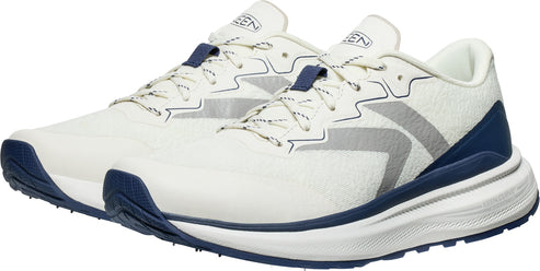 A low profile white running shoe with blue accents and white laces.