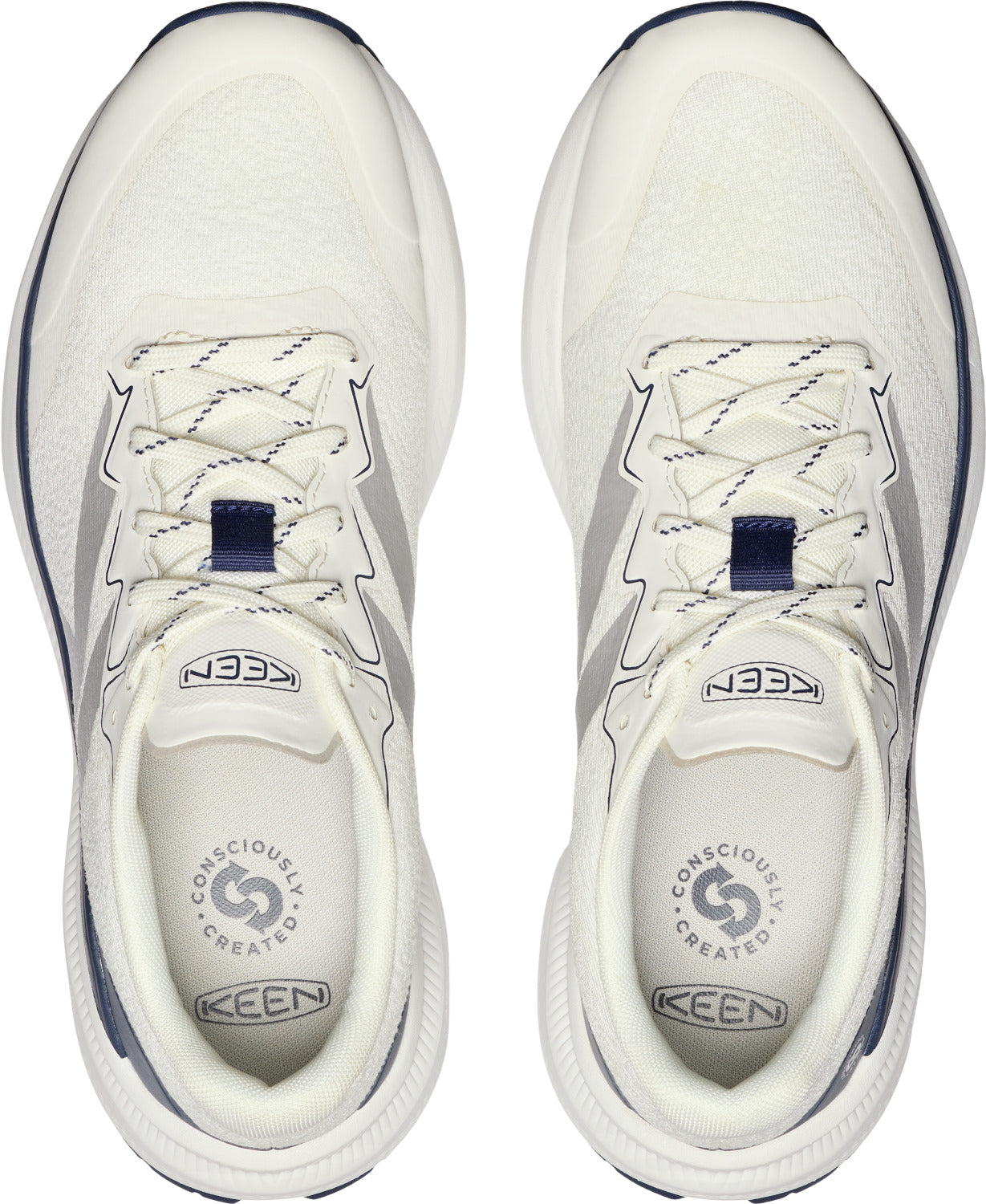 Overhead view of two white athletic shoes with white and gray laces, gray stripe, and blue and white sole.