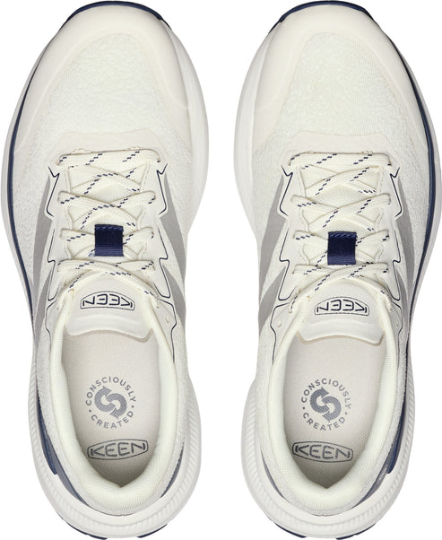 Overhead view of two white athletic shoes with white and gray laces, gray stripe, and blue and white sole.