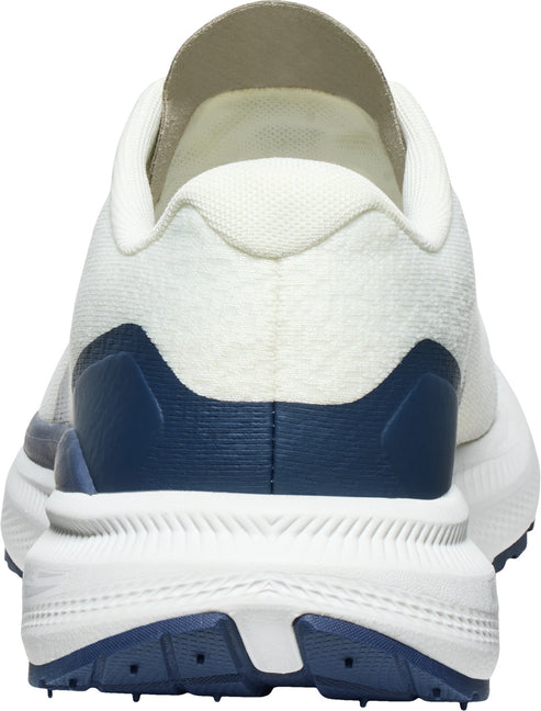 Back view of a white running shoe with navy accents on the heel and outsole.