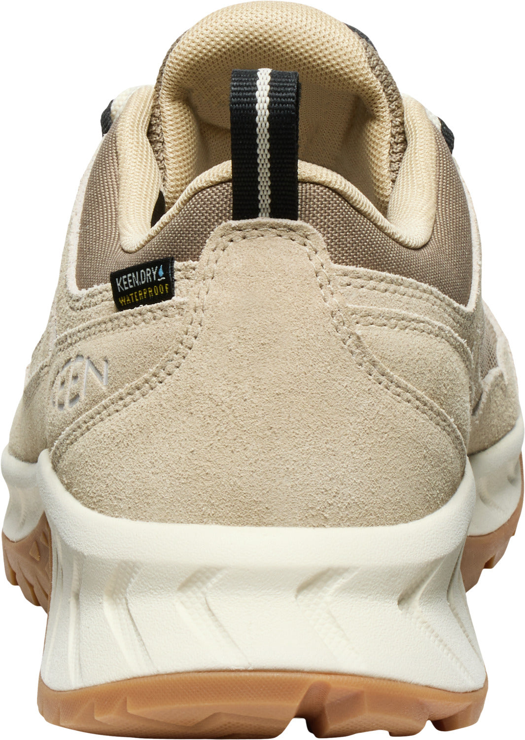 Tan hiking shoe rear view with black and white pull-tab; "KEENDRY WATERPROOF" tag.