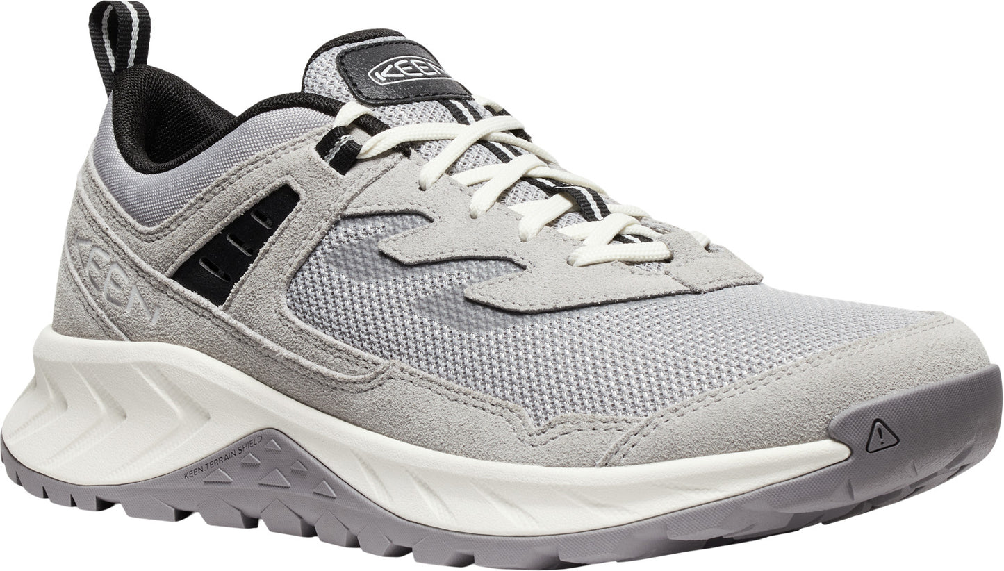 A gray hiking shoe with white laces, a black heel, and a white midsole.