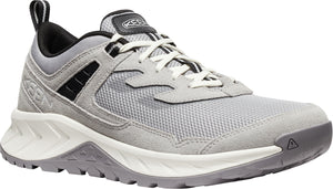 A gray hiking shoe with white laces, a black heel, and a white midsole.