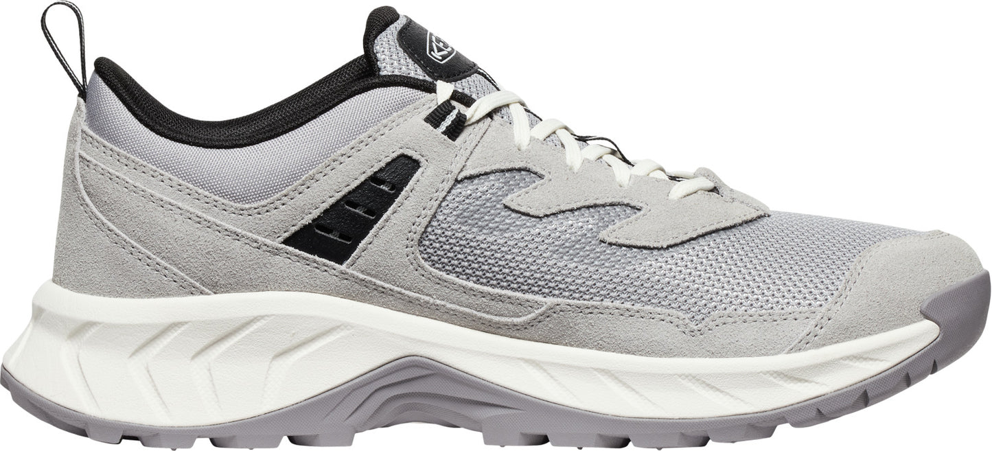A gray running shoe with a white sole and black accents.