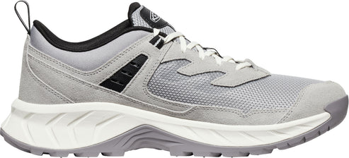 A gray running shoe with a white sole and black accents.
