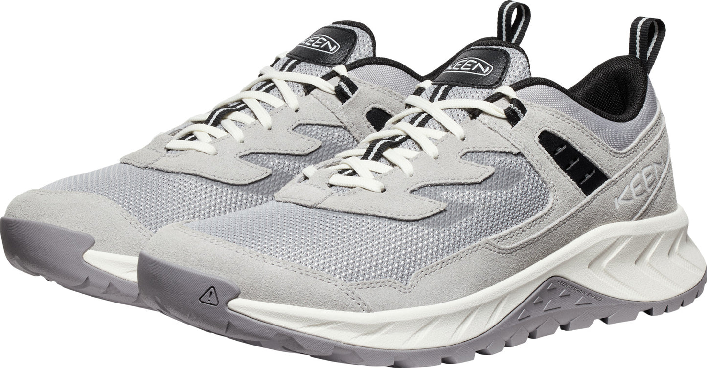 Pair of gray running shoes with white laces and black accents.
