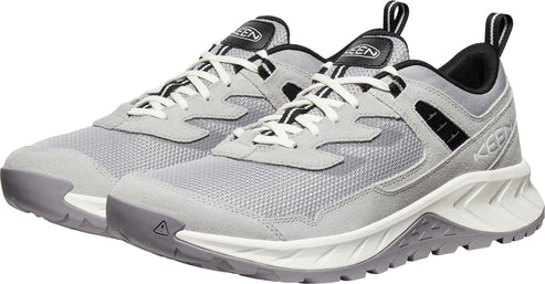 Pair of gray running shoes with white laces and black accents.