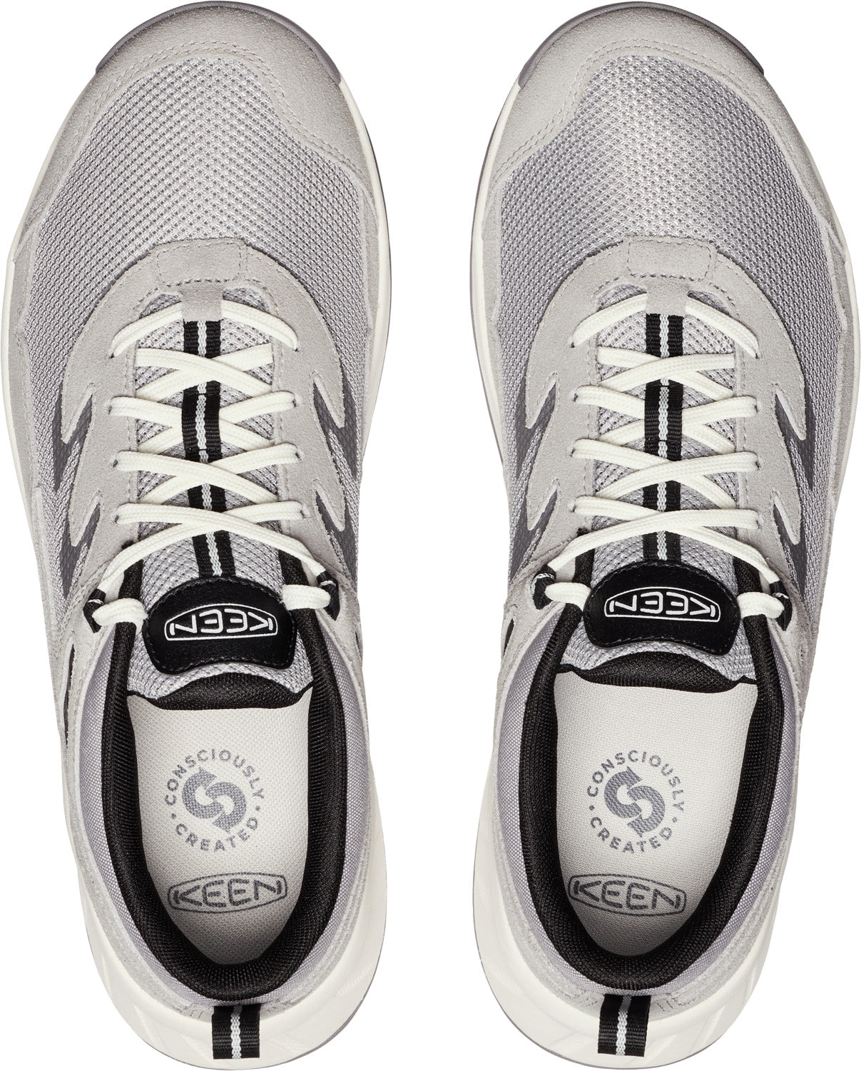Top-down view of a pair of silver mesh shoes with white laces, and the text "Keen" on the insole.