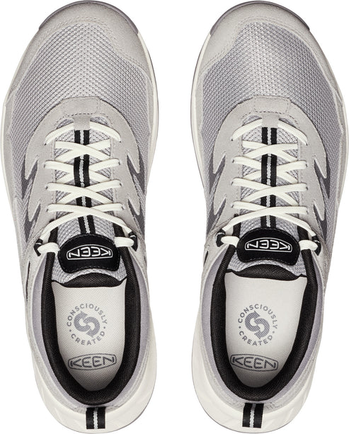 Top-down view of a pair of silver mesh shoes with white laces, and the text "Keen" on the insole.