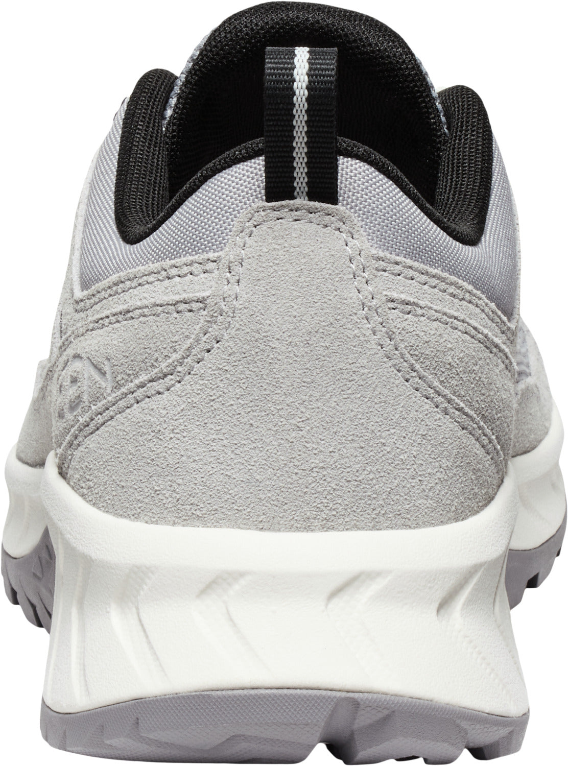 Back of gray suede sneaker with white and gray sole; black interior; heel pull tab.