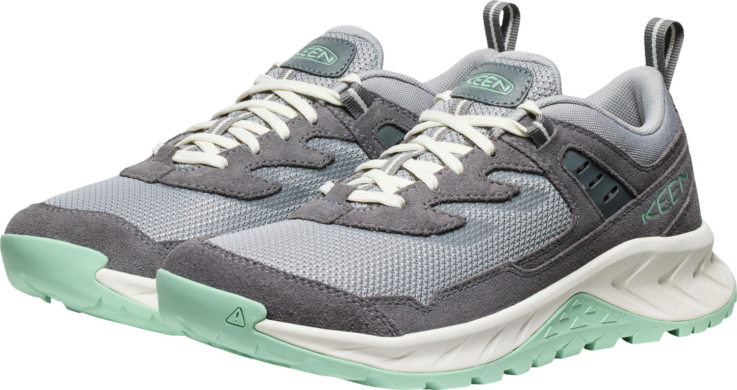 Pair of low-cut athletic shoes, gray suede, light-gray mesh, white laces, mint soles.