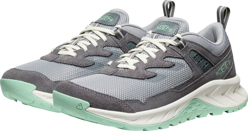 Pair of low-cut athletic shoes, gray suede, light-gray mesh, white laces, mint soles.