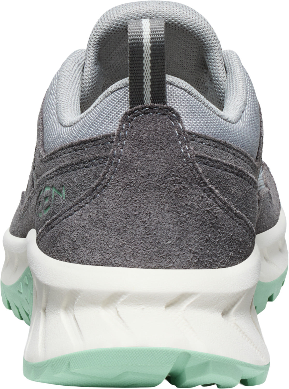 Rear view of a gray suede and fabric shoe with a white and mint sole.