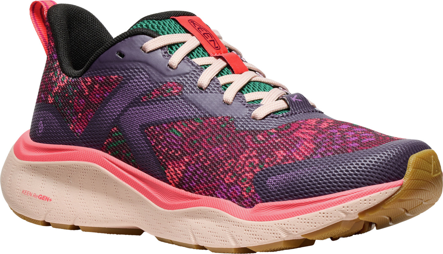 Athletic shoe with purple mesh, pink floral patterns, and peach soles.