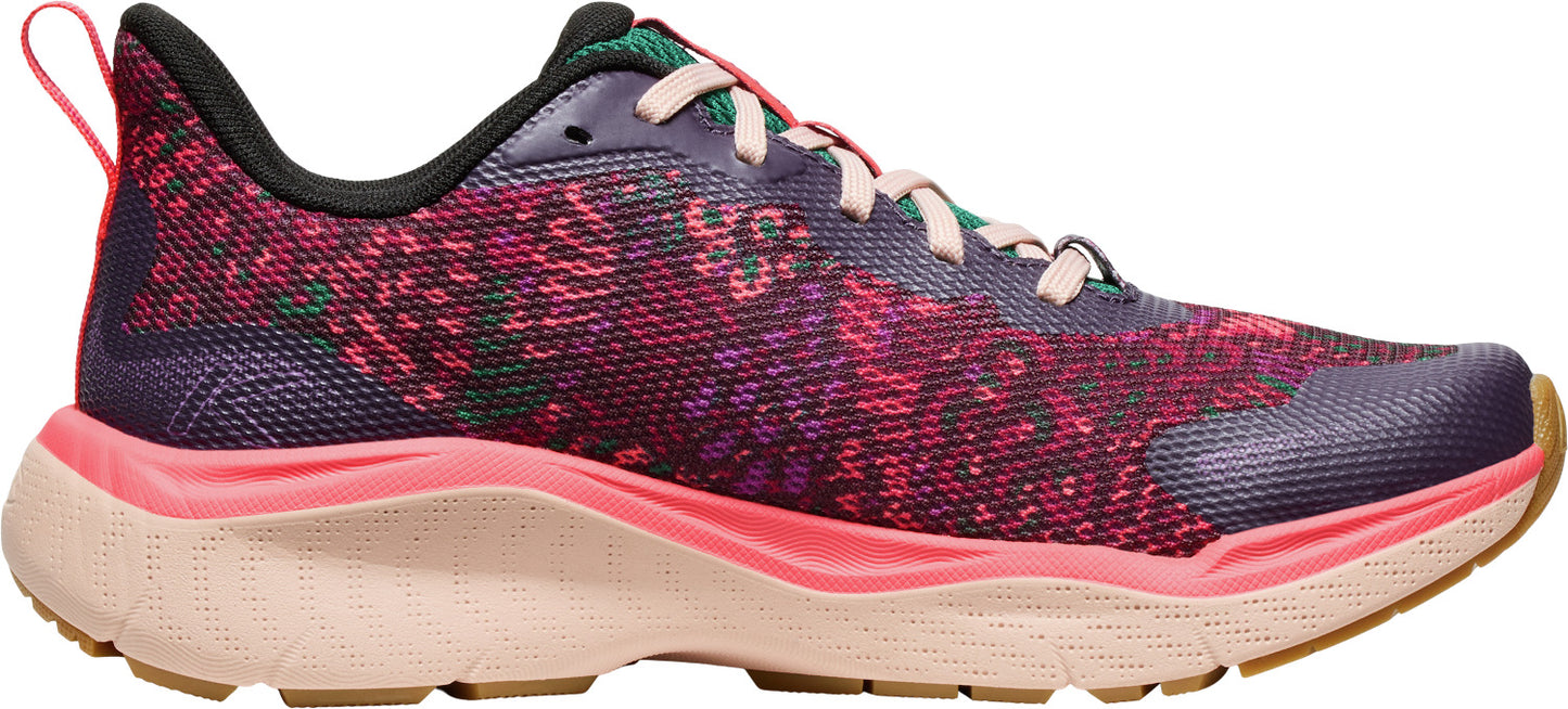 A running shoe with pink and purple mesh upper, pink midsole, and brown outsole.
