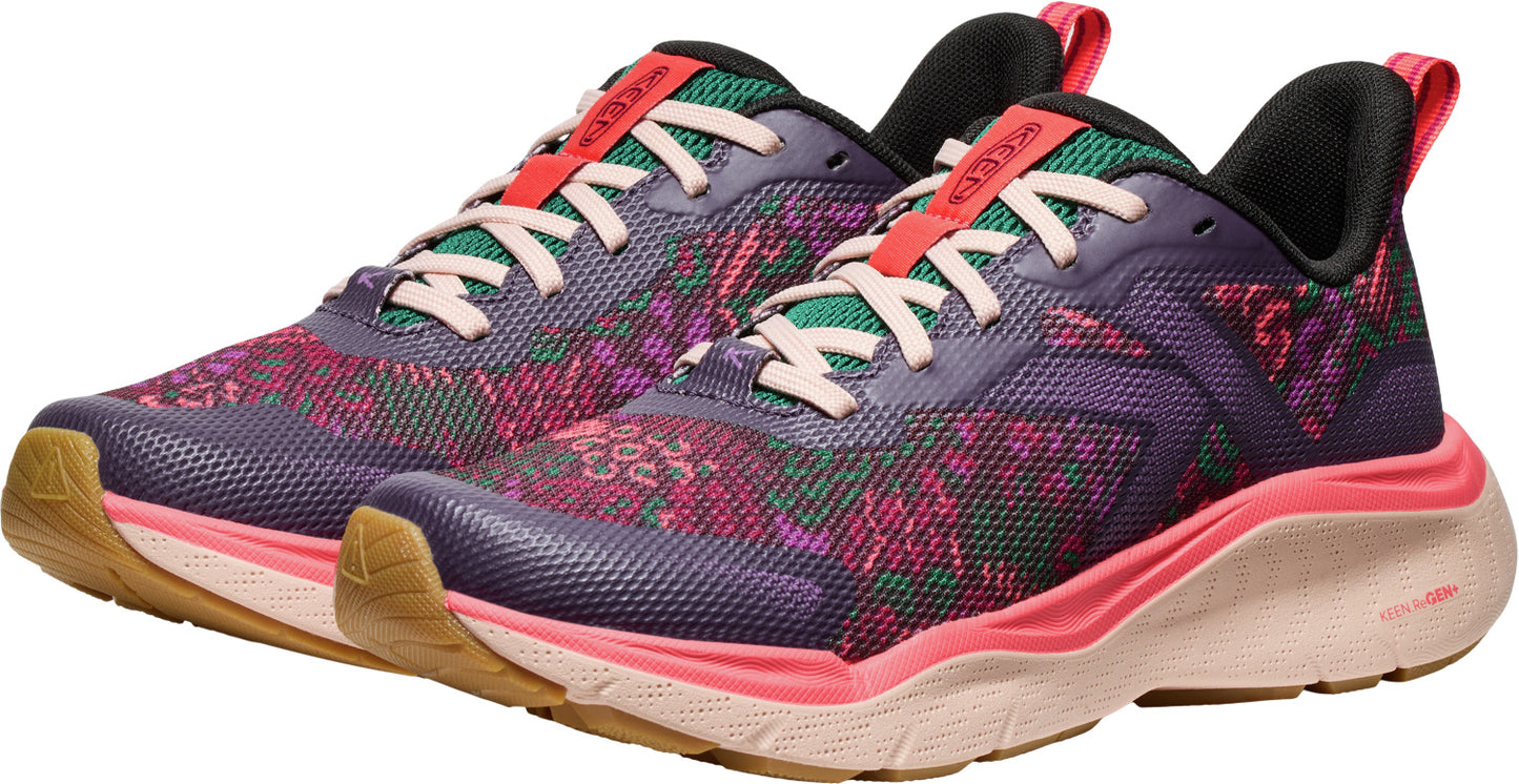 Pair of low-rise athletic shoes with a purple floral design and tan soles.