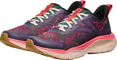 Pair of low-rise athletic shoes with a purple floral design and tan soles.