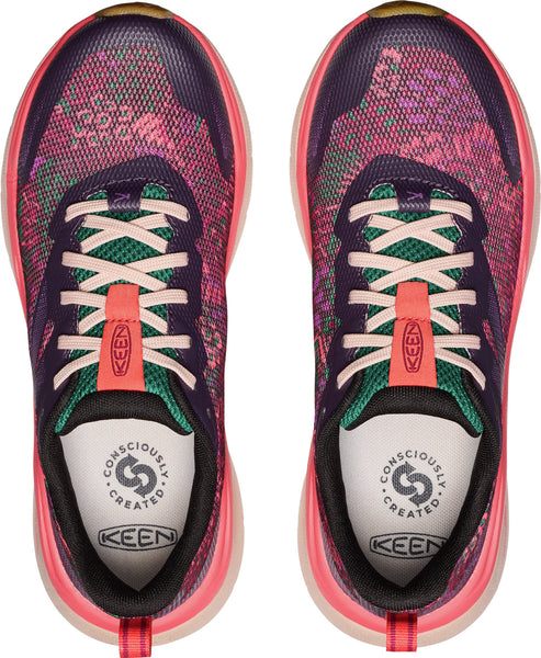 Overhead view of two identical running shoes with pink and purple mesh uppers, peach midsoles, white laces, and green and coral accents.