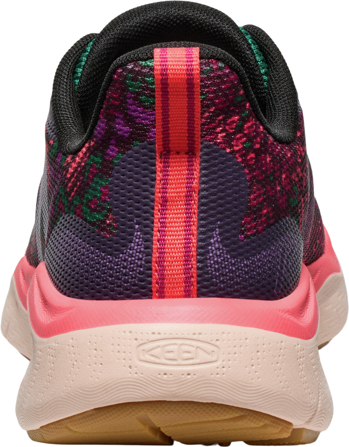 The back of a sneaker with a salmon pink and tan textured sole, a bright pink heel, a purple mesh heel cup, and a floral patterned upper.