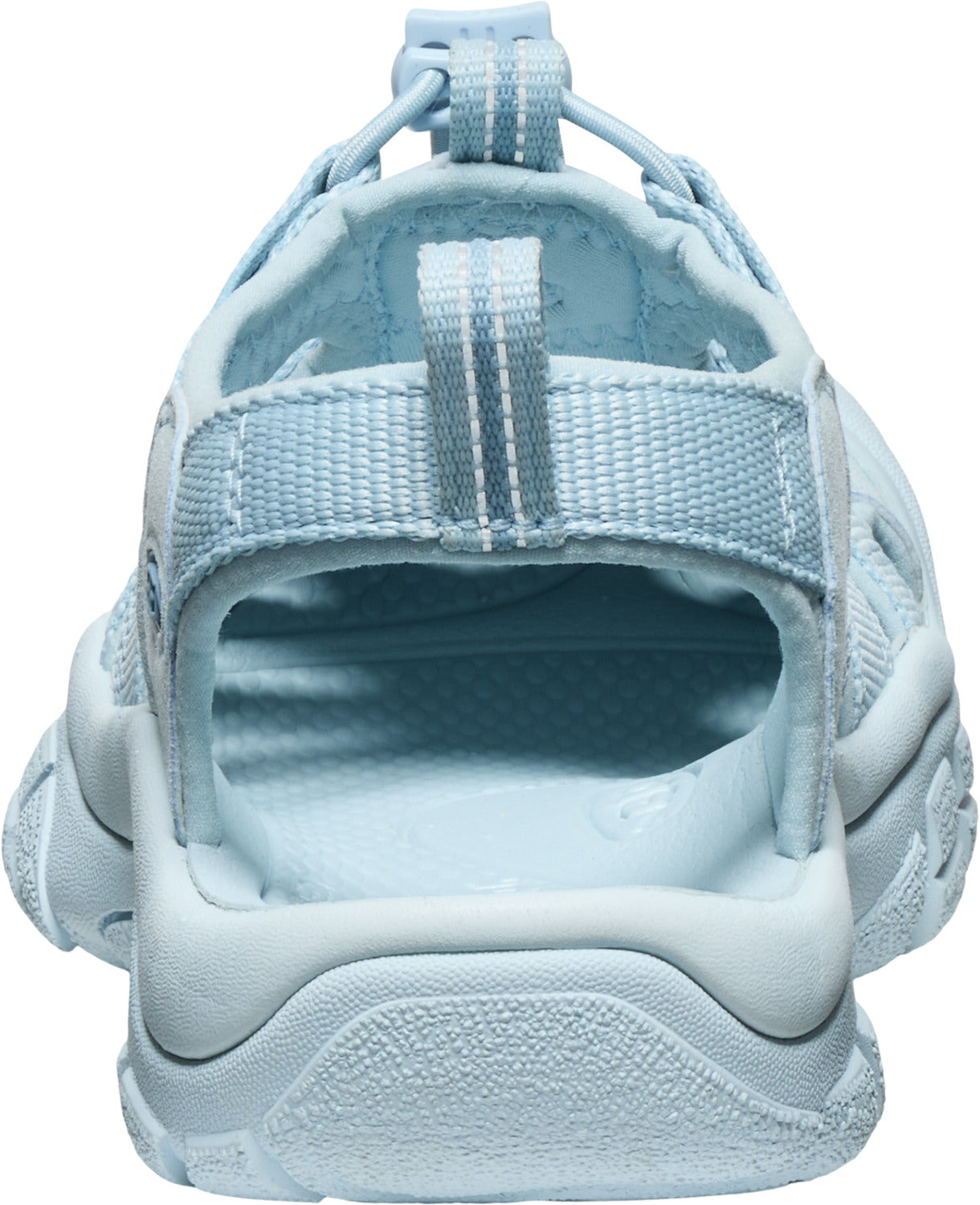 Light blue sandals with toe coverage and a single adjustable strap.