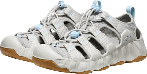 Pair of light gray closed-toe sandal with a white midsole and brown outsole, featuring blue drawstrings.