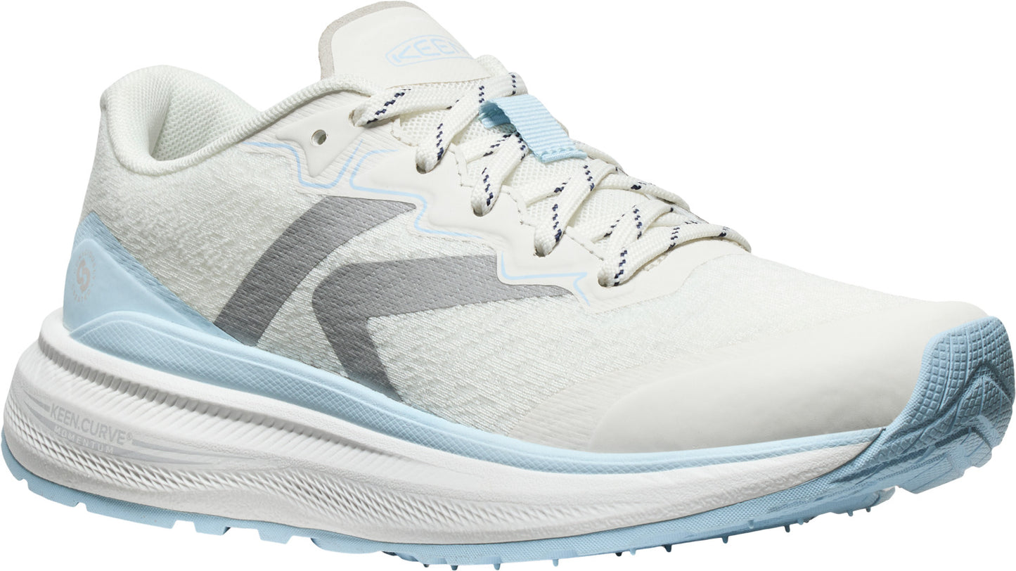 White and light blue running shoe with patterned laces and curved silver logo.