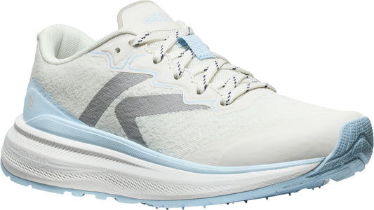White and light blue running shoe with patterned laces and curved silver logo.