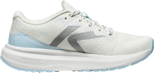 A white running shoe with a gray logo.