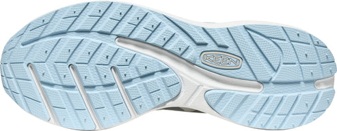 A shoe sole with a blue, patterned tread and a white accent.